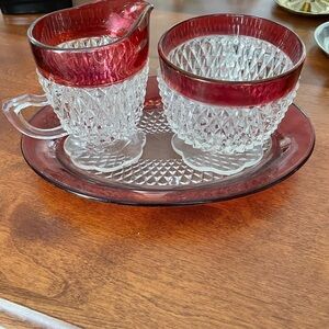 Elegant Indiana Red and Clear Glass Creamer and Sugar Set